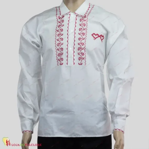 Camisa Algodão Homem - Bordado Vermelho - Frente